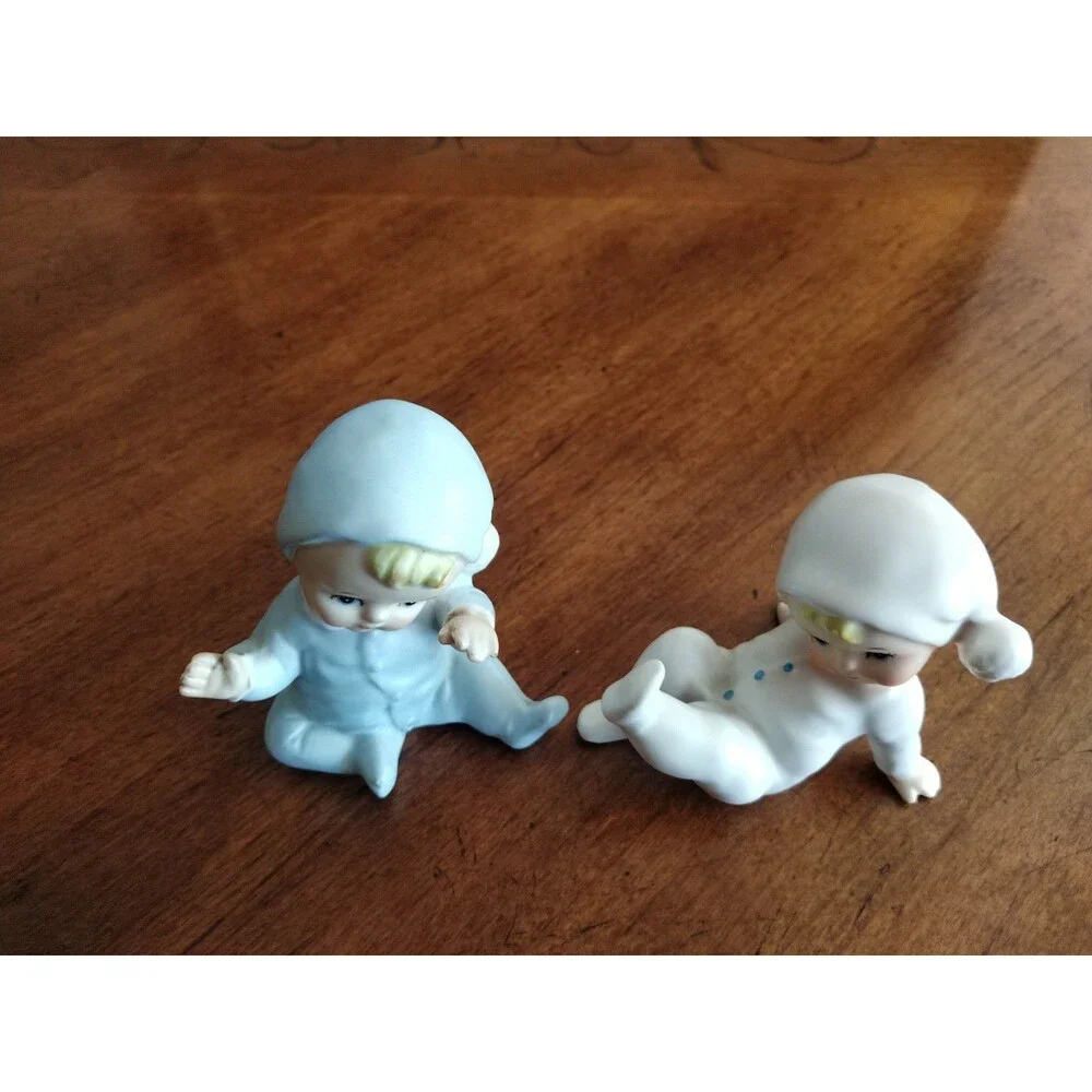 Vintage Figurines Japan Lot Of 2 Pajama Baby Pixie Norcrest 1950s 60s Blue Wht